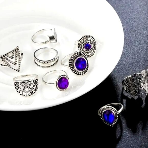 Vintage Geometric Hollow Purple Gemstone 9pcs ring Set - Picture 5 of 8
